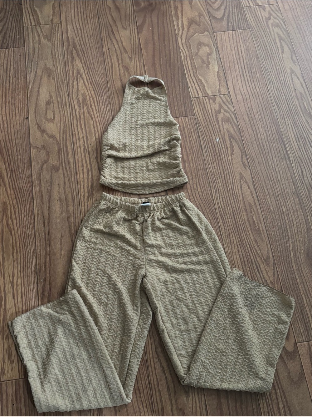 SHEIN Tan Textured Halter Crop Top & Wide Leg Pants Set